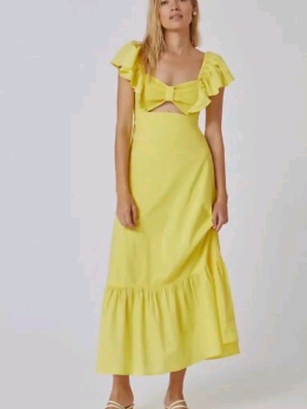 FARM Rio Lemon Ruffle Maxi Dress with Front Cutout